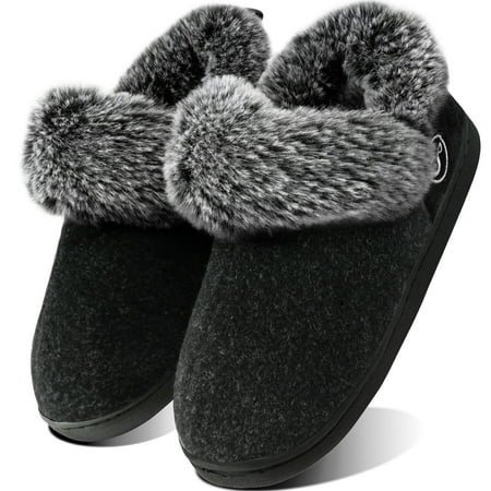 Ecetana Women’s Fuzzy Memory Foam Closed Back Slippers Faux Fur Lined House Shoes