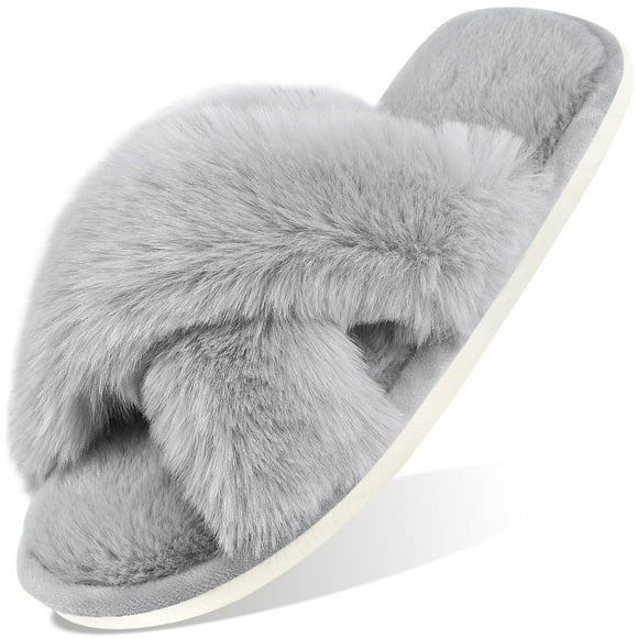 Ecetana Women's Fuzzy Slippers Cross Band Memory Foam House Shoes Open Toe