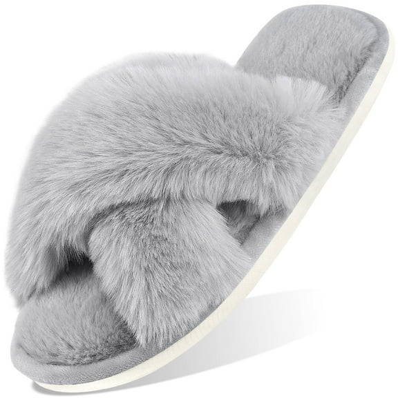 Ecetana Women's Fuzzy Slippers Cross Band Memory Foam House Shoes Open Toe