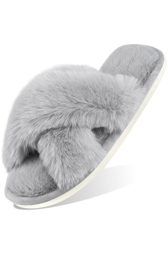 Women's Fuzzy Slippers Cross Band Memory Foam House Shoes Open Toe