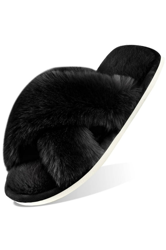 Women's Fuzzy Slippers Cross Band Memory Foam House Shoes Open Toe