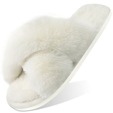 Ecetana Women's Fuzzy Slippers Cross Band Memory Foam House Shoes Open Toe
