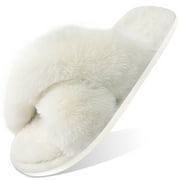 Ecetana Womens Fuzzy Slippers Cross Band Memory Foam House Shoes Open Toe