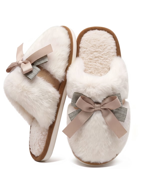 Women's Fuzzy Bow Slippers Faux Fur Memory Foam Slip-Resistant House Shoes