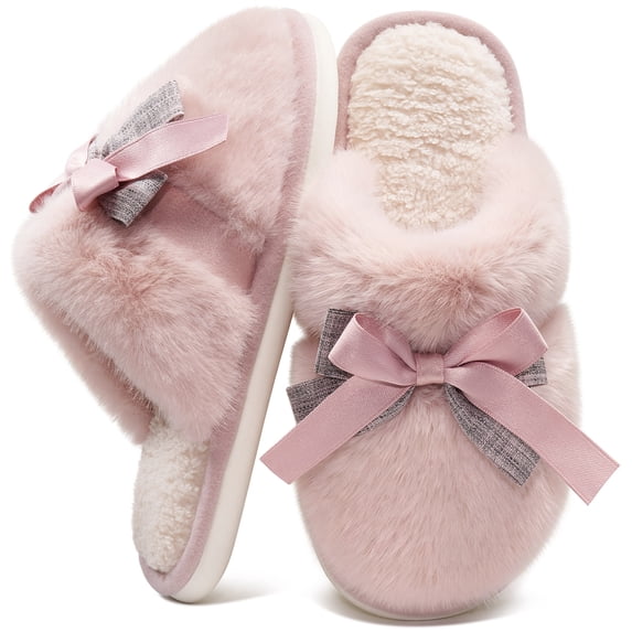 Ecetana Women's Fuzzy Bow Slippers Faux Fur Memory Foam Slip-Resistant House Shoes