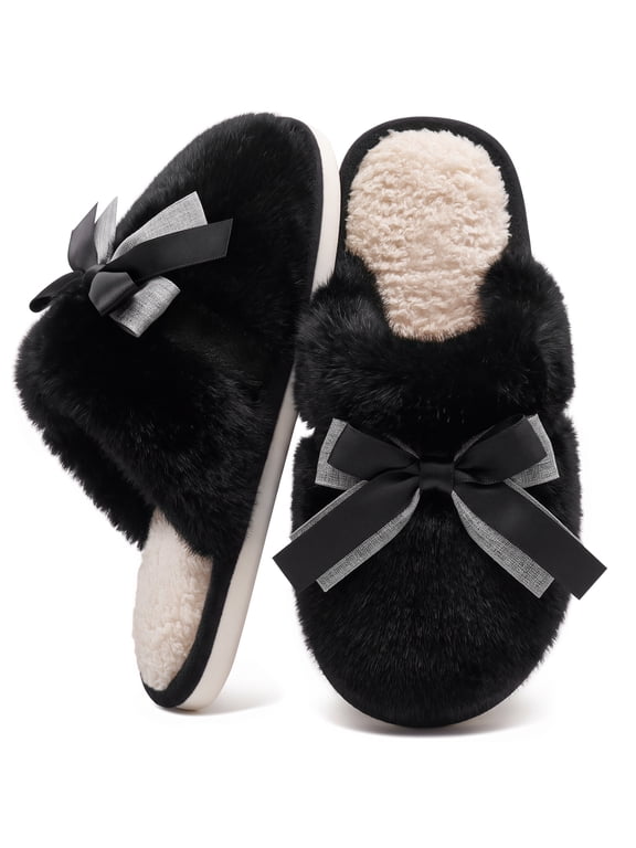 Women's Fuzzy Bow Slippers Faux Fur Memory Foam Slip-Resistant House Shoes