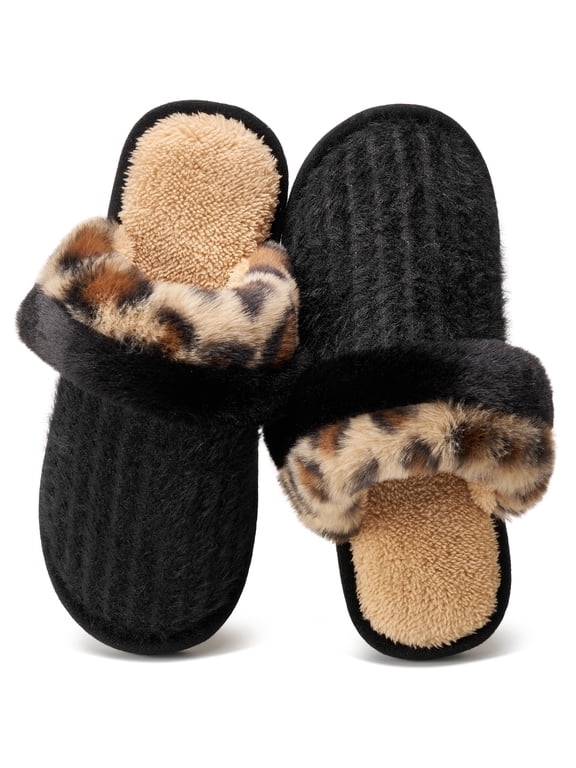 Women's Leopard Print Fuzzy Slippers Non-Slip Faux Fur Slip On House Shoes with Memory Foam