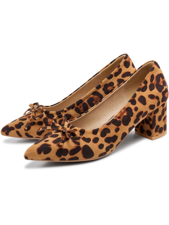 Women's Pointed‑Toe Faux Suede Bow Pumps Chunky Block Heel Closed‑Toe Comfort Dress Shoes for Office Wedding