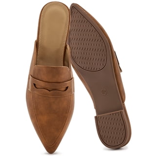 Ecetana Women's Pointed Toe Mules PU Leather Backless Loafer Flats Casual Slip On Shoes