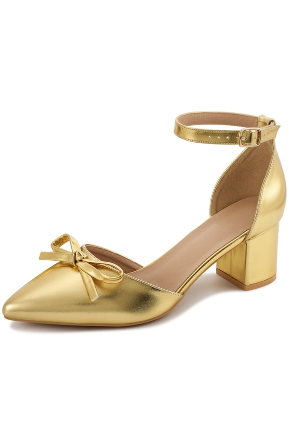 Women's Pumps Pointed-Toe chunky Heel Shoes with Bow Elegant Ankle Strap Dress Shoes for Wedding Party Office