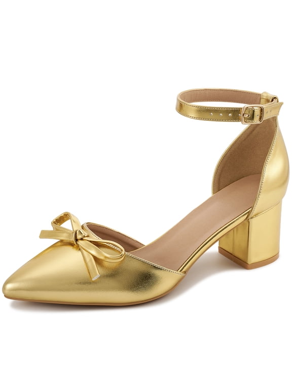 Women's Pumps Pointed-Toe chunky Heel Shoes with Bow Elegant Ankle Strap Dress Shoes for Wedding Party Office