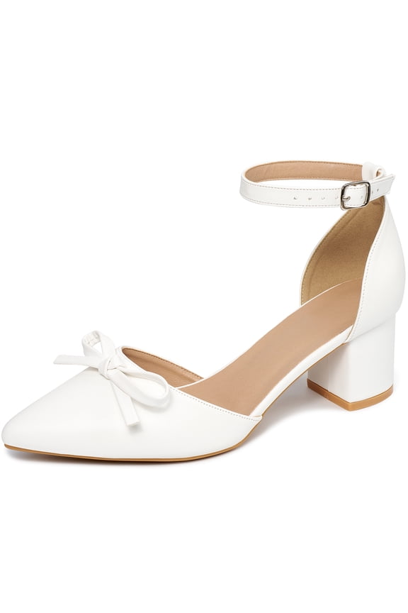 Women's Pumps Pointed-Toe chunky Heel Shoes with Bow Elegant Ankle Strap Dress Shoes for Wedding Party Office