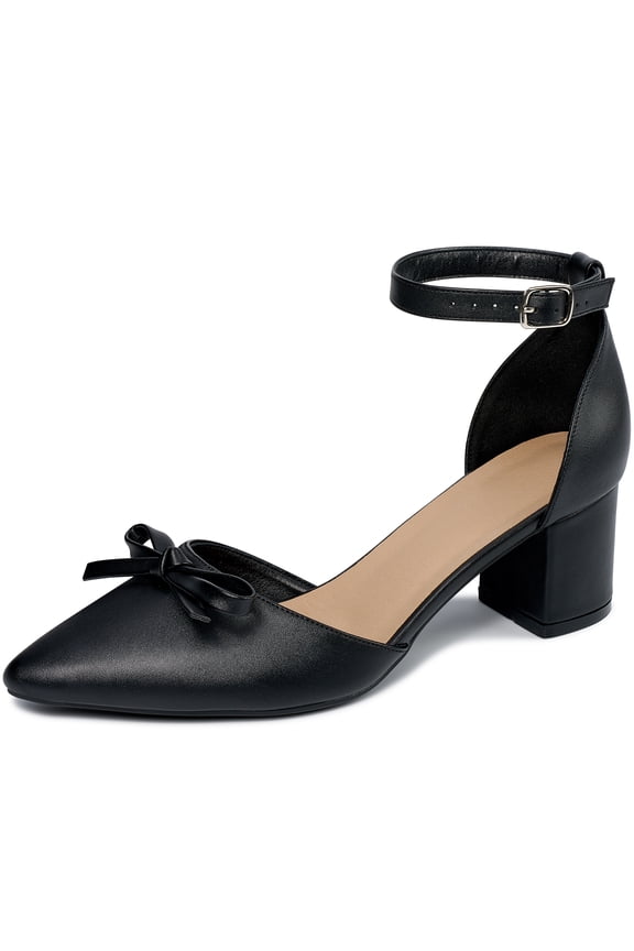 Women's Pumps Pointed-Toe chunky Heel Shoes with Bow Elegant Ankle Strap Dress Shoes for Wedding Party Office