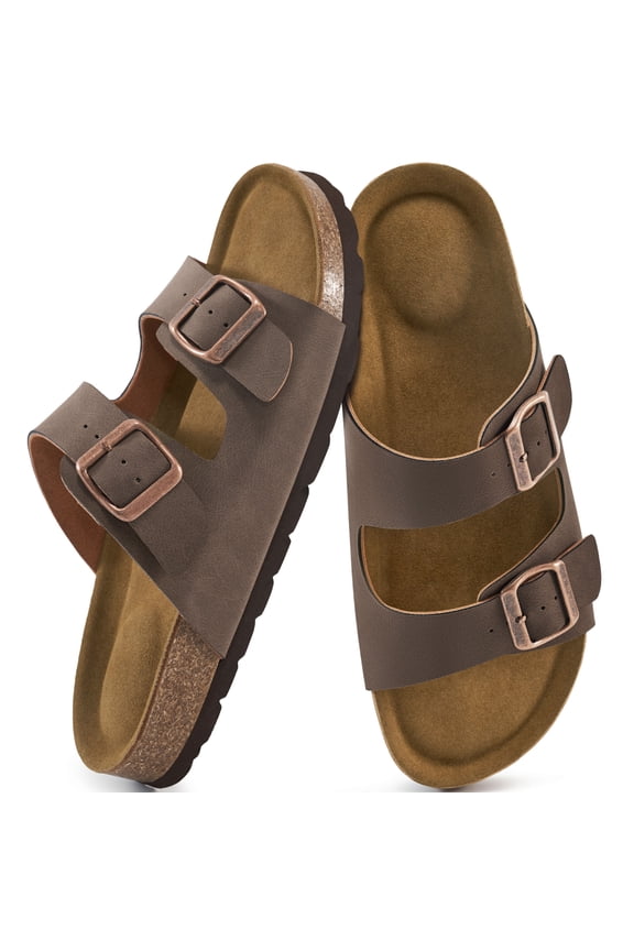 Women's Cork Footbed Slide Sandals, Adjustable Double Buckle Open Toe Flat Sandals with Light Arch Support