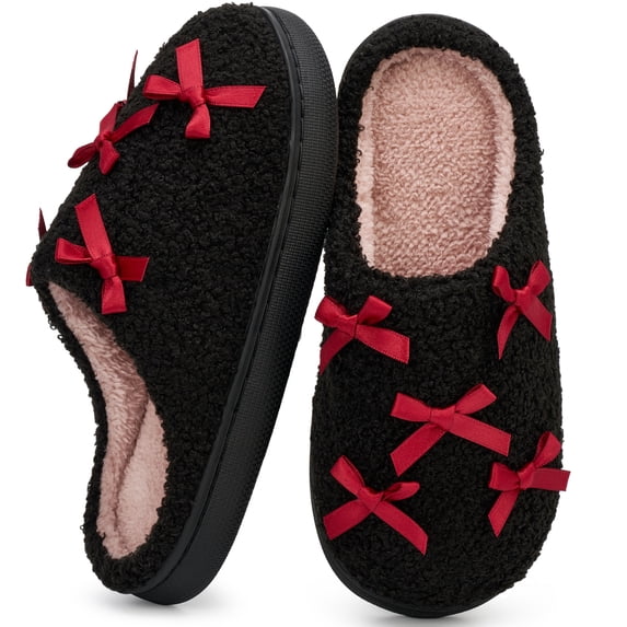 Ecetana Women's Slippers Fuzzy Bow Plush Warm Indoor Cozy House Shoes Non-Slip Memory Foam