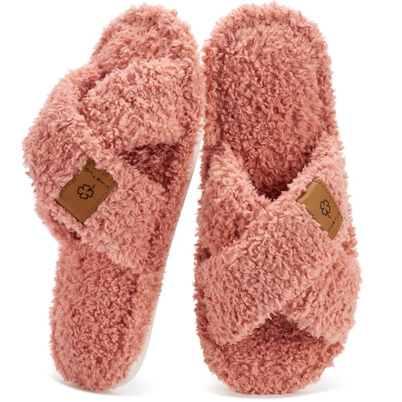 Ecetana Women's Slippers Fuzzy Plush Cross Band Open Toe Cozy Warm Indoor Non-Slip House Shoes