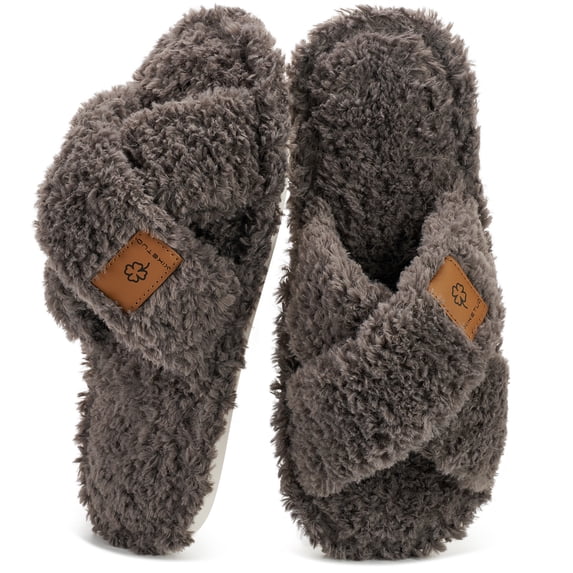 Ecetana Women's Slippers Fuzzy Plush Cross Band Open Toe Cozy Warm Indoor Non-Slip House Shoes