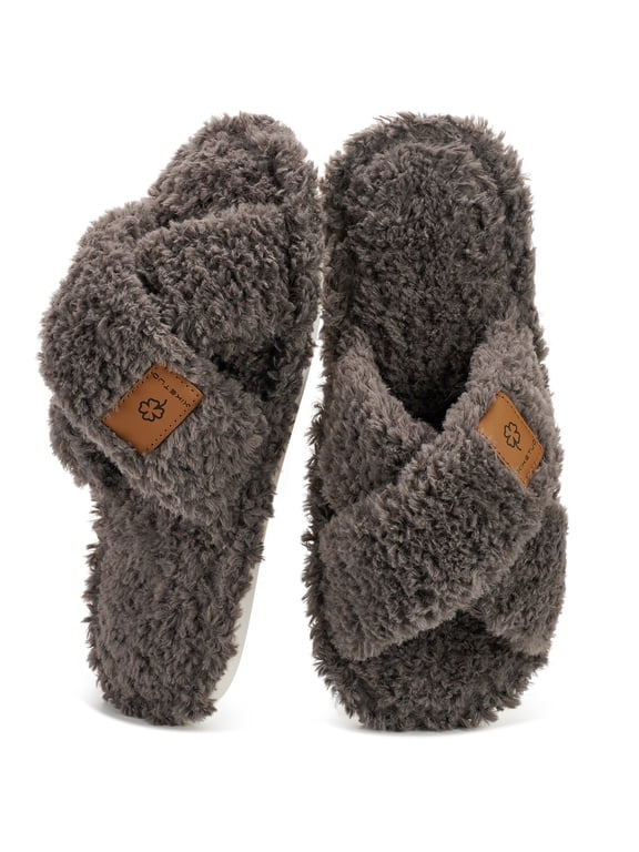 Women's Slippers Fuzzy Plush Cross Band Open Toe Cozy Warm Indoor Non-Slip House Shoes