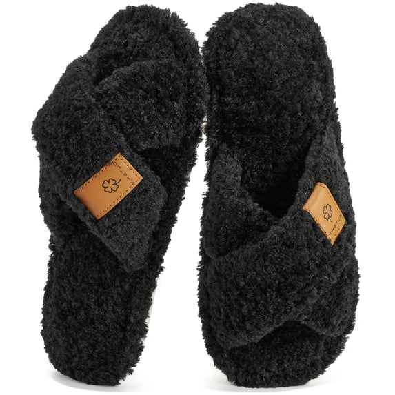 Ecetana Women's Slippers Fuzzy Plush Cross Band Open Toe Cozy Warm Indoor Non-Slip House Shoes