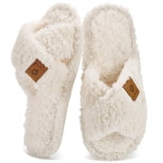 Ecetana Women's Slippers Fuzzy Plush Cross Band Open Toe Cozy Warm Indoor Non-Slip House Shoes