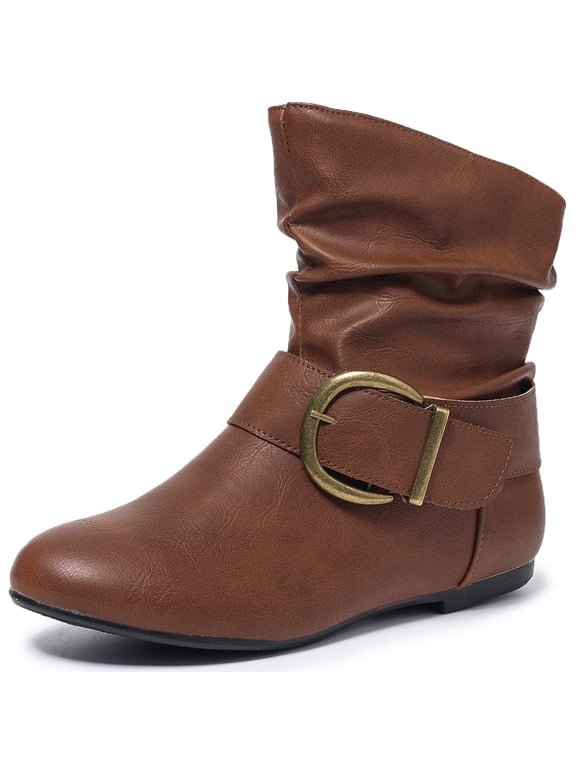 Women's Slouch Ankle Flat Boots Mid Calf Slip On Boots Round Toe Short Boots
