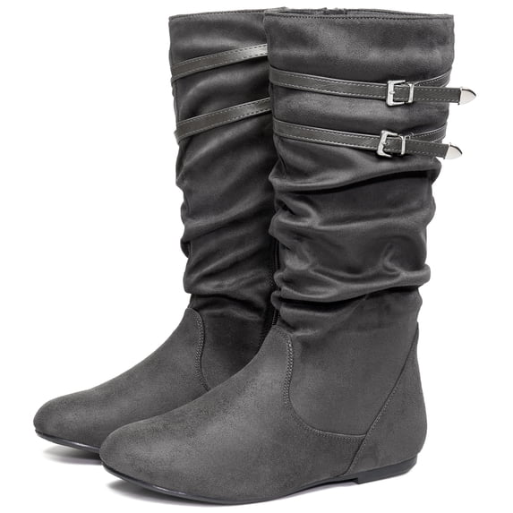 Ecetana Women's Slouchy Knee-High Boots with Flat Heel and Side Zipper