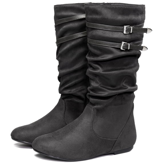 Ecetana Women's Slouchy Knee-High Boots with Flat Heel and Side Zipper