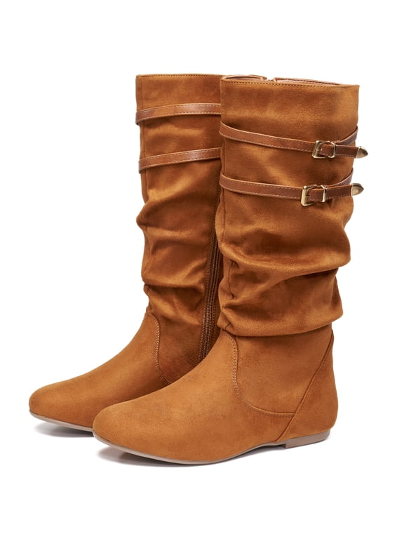 Women's Slouchy Knee-High Boots with Flat Heel and Side Zipper