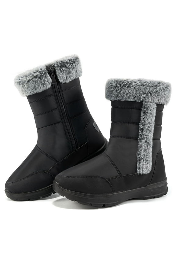 Women's Snow Boots, Waterproof Faux Fur Lined Mid Calf, Black, Size 8