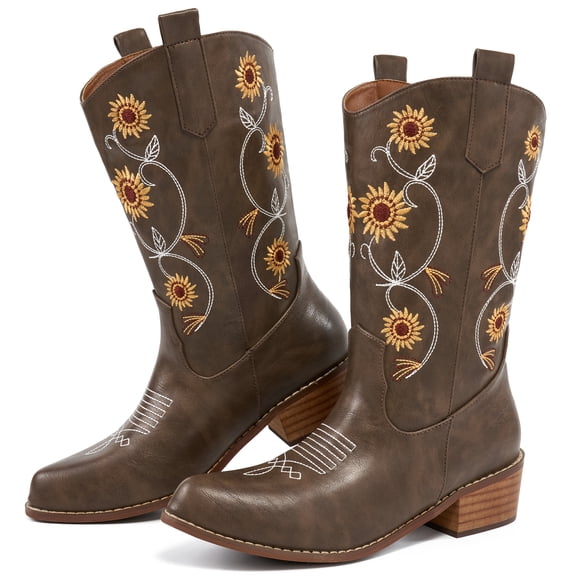 Ecetana Women's Western Cowboy Boots Sunflower Embroidered Mid-Calf Pointed Toe Chunky Heel Cowgirl Boot