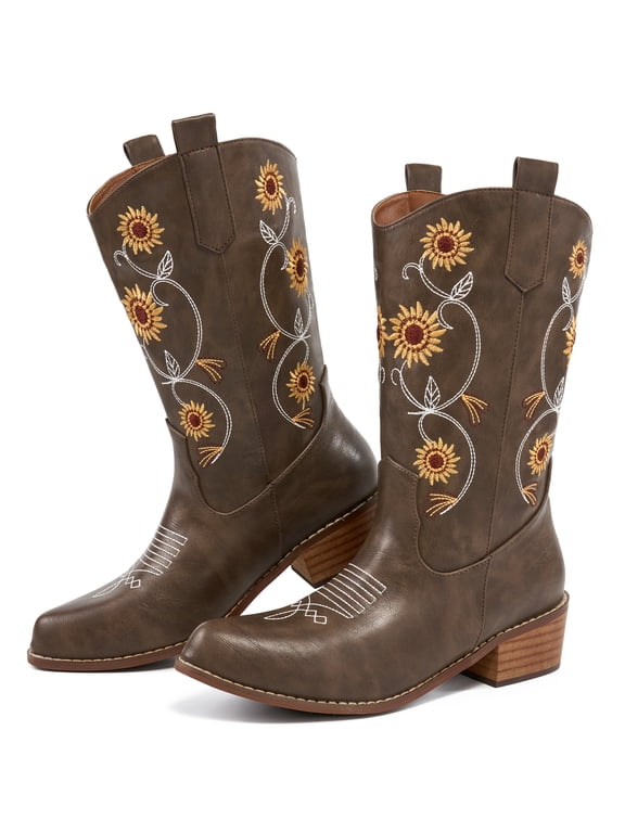 Women's Western Cowboy Boots Sunflower Embroidered Mid-Calf Pointed Toe Chunky Heel Cowgirl Boot