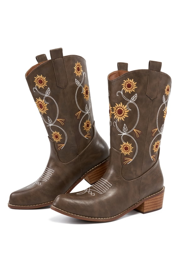 Women's Western Cowboy Boots Sunflower Embroidered Mid-Calf Pointed Toe Chunky Heel Cowgirl Boot