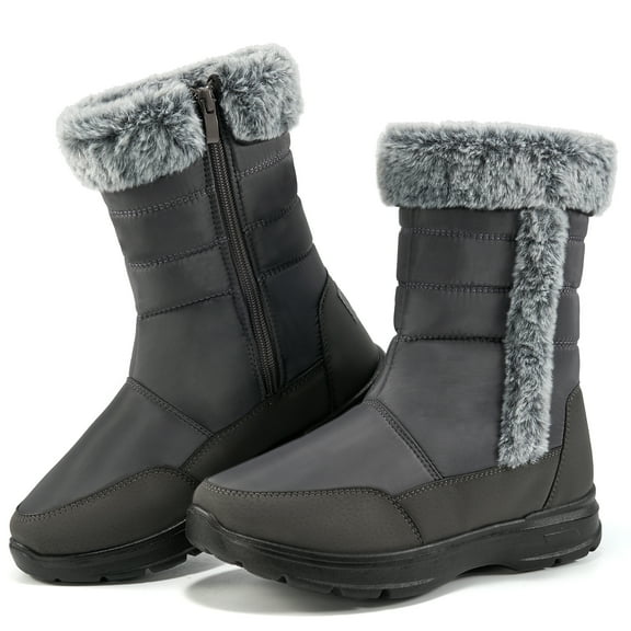 Ecetana Women's Winter Snow Boots, Waterproof Faux Fur Lined Mid Calf, Black, Size 8