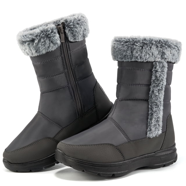 Ecetana Women's Winter Snow Boots, Waterproof Faux Fur Lined Mid Calf, Black, Size 8