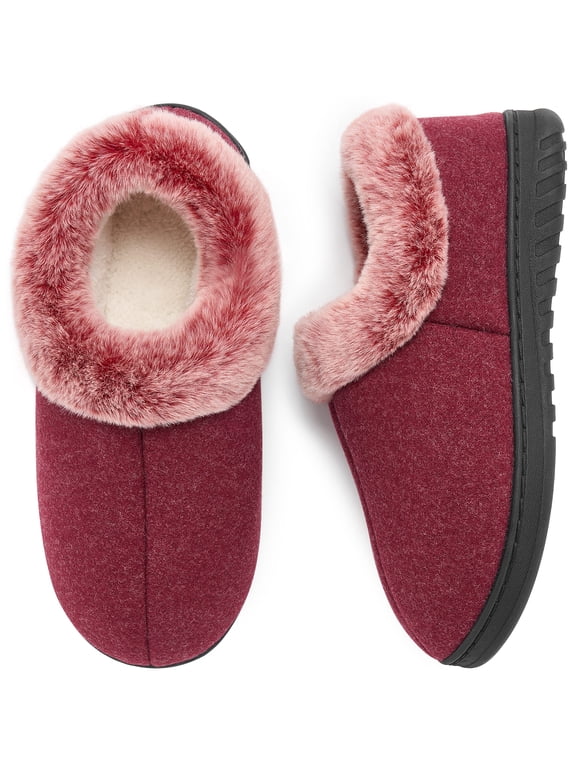 Womens Closed Back Slippers Warm Soft Comfy Memory Foam Non-Slip House Shoes with Fluffy Collar