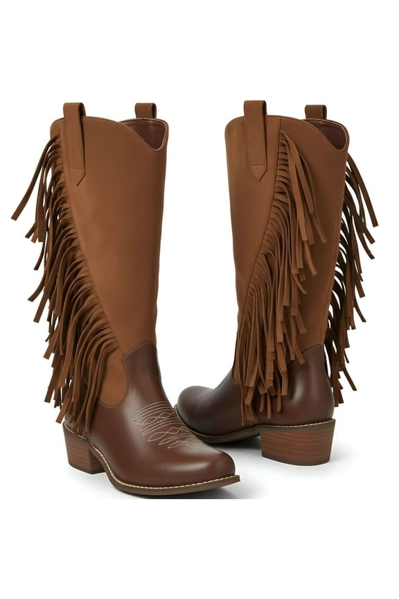 Womens Cowboy Boots Chunky Heel Wide Calf Booties Tassel Western Boots for Women