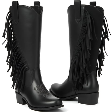 Womens Cowboy Boots Chunky Heel Wide Calf Booties Tassel Western Boots for Women