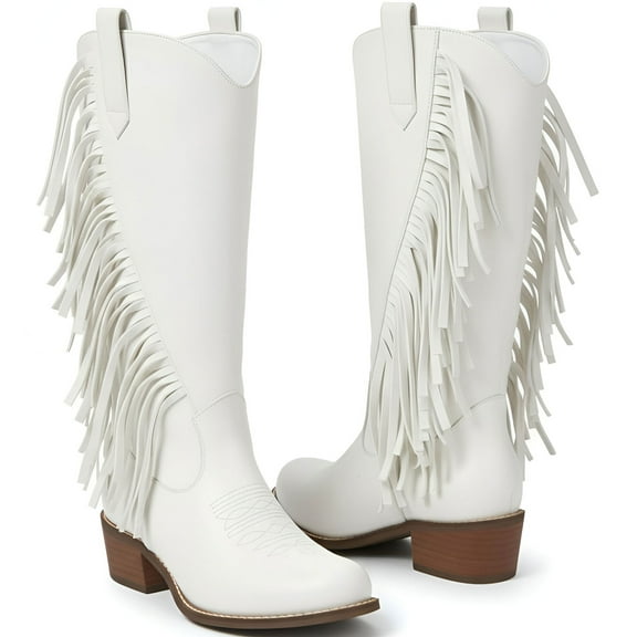 Ecetana Womens Cowboy Boots Chunky Heel Wide Calf Booties Tassel Western Boots for Women