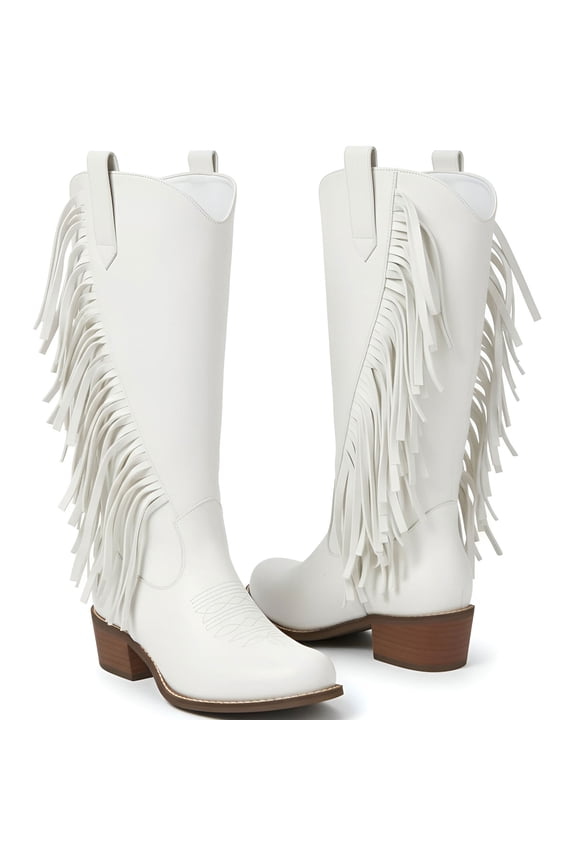 Womens Cowboy Boots Chunky Heel Wide Calf Booties Tassel Western Boots for Women