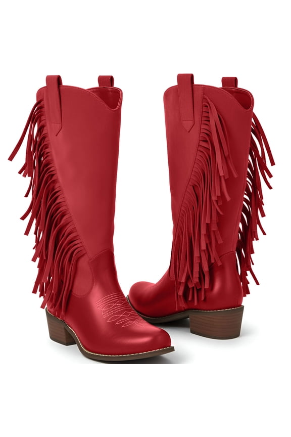 Womens Cowboy Boots Chunky Heel Wide Calf Booties Tassel Western Boots for Women