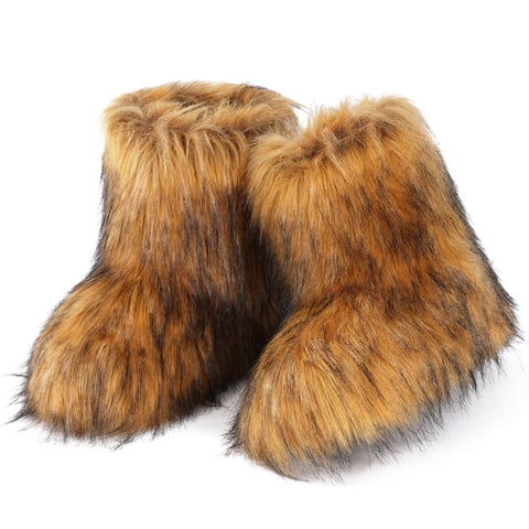 Womens Faux Fur Boot Winter Warm Fluffy Long Furry Boots Mid-Calf Snow Boots