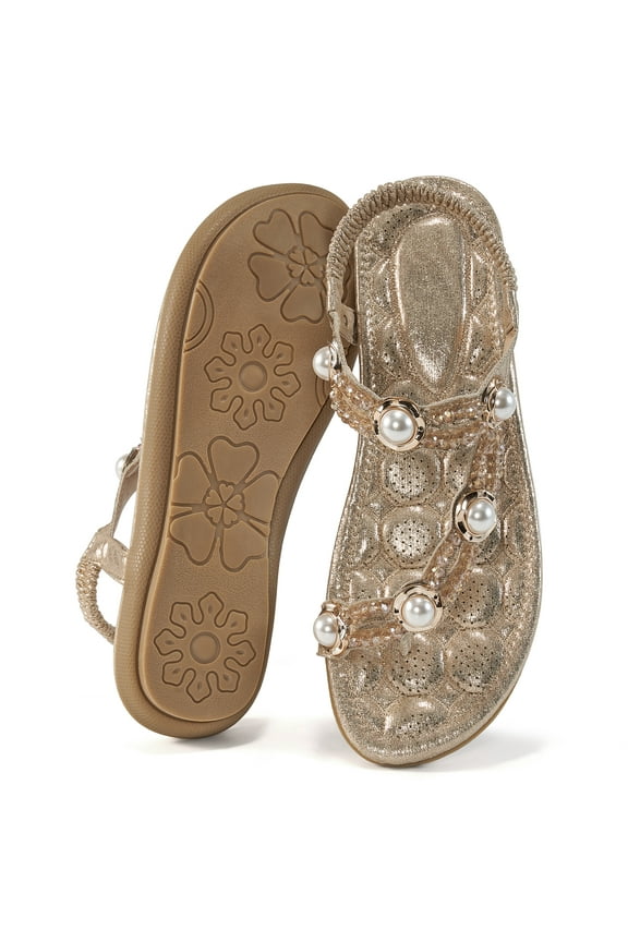 Womens Flat Sandals Rhinestone Pearl Beach Sandals Clip Toe Summer Sandals for Women