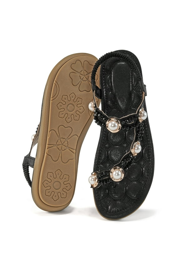 Womens Flat Sandals Rhinestone Pearl Beach Sandals Clip Toe Summer Sandals for Women