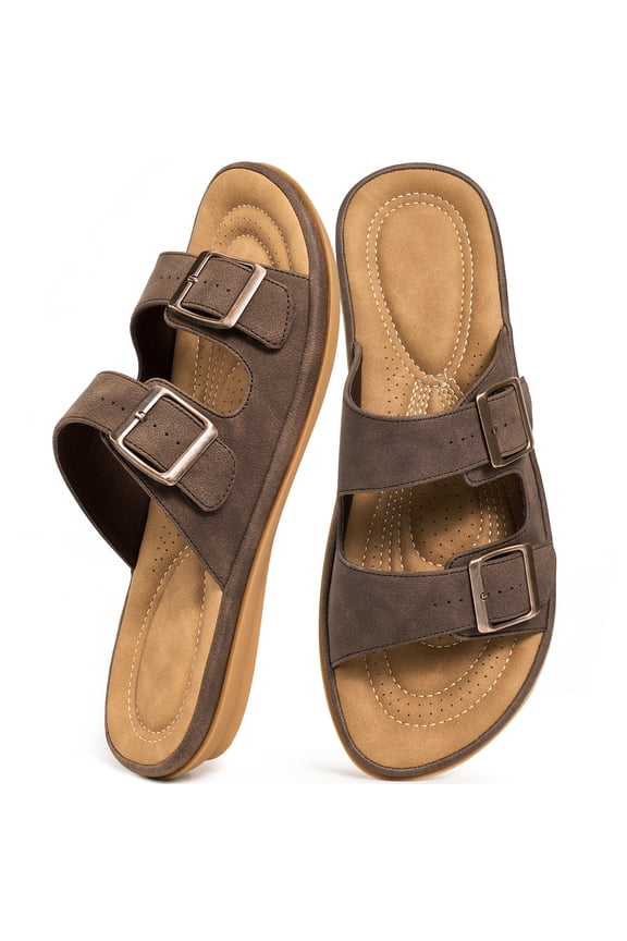 Womens Flat Sandals Dressy Summer Comfortable Double Buckle Slip-On Slides Beach Shoes for Walking