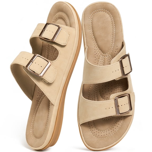 Ecetana Womens Flat Sandals Dressy Summer Comfortable Double Buckle Slip-On Slides Beach Shoes for Walking