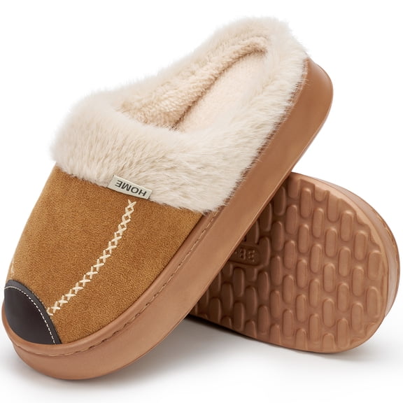 Ecetana Womens House Slippers Suede Fuzzy Slippers Faux Fur Lined Non-Slip Indoor Shoes
