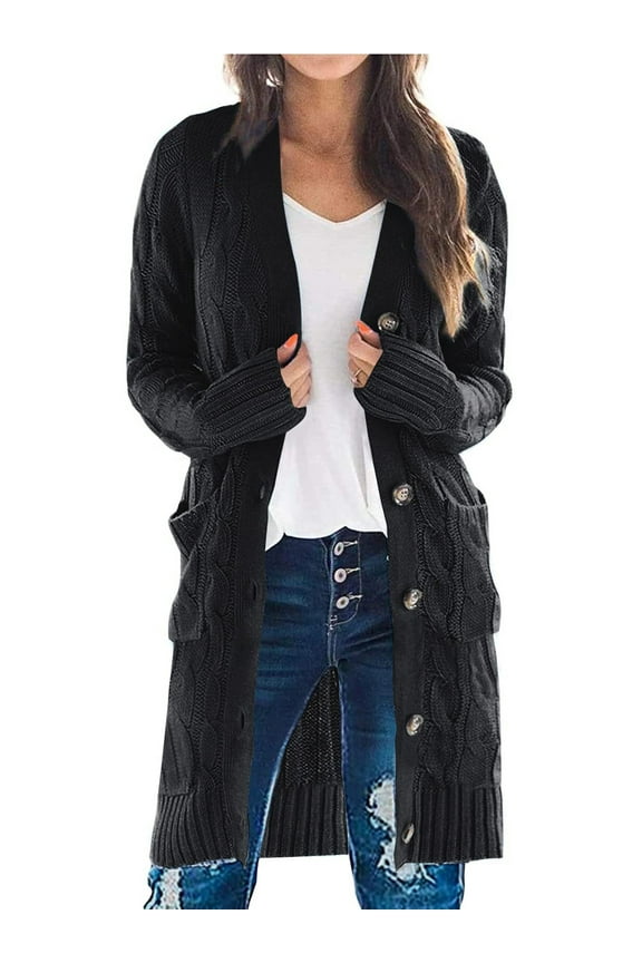 Womens Long Sleeve Cable Knit Long Cardigan Open Front Button Sweater Outerwear with Pockets