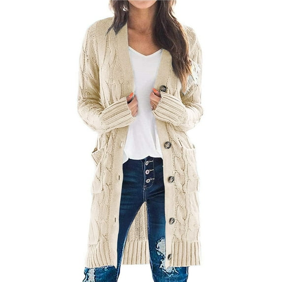 Ecetana Womens Long Sleeve Cable Knit Long Cardigan Open Front Button Sweater Outerwear with Pockets