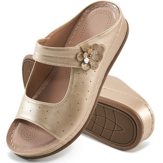 Ecetana Womens Slide Sandals Leather Wedge Sandals Comfortable Summer Beach Sandals Orthopedic