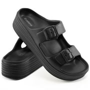 Ecetana Womens Slides Sandals Adjustable Double Buckle House Slides EVA Non-Slip Sandals
